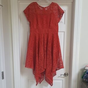 Maeve Red Geometric Lace Asymmetric Hankercheif Hem Midi Dress, Fits Size 10-14